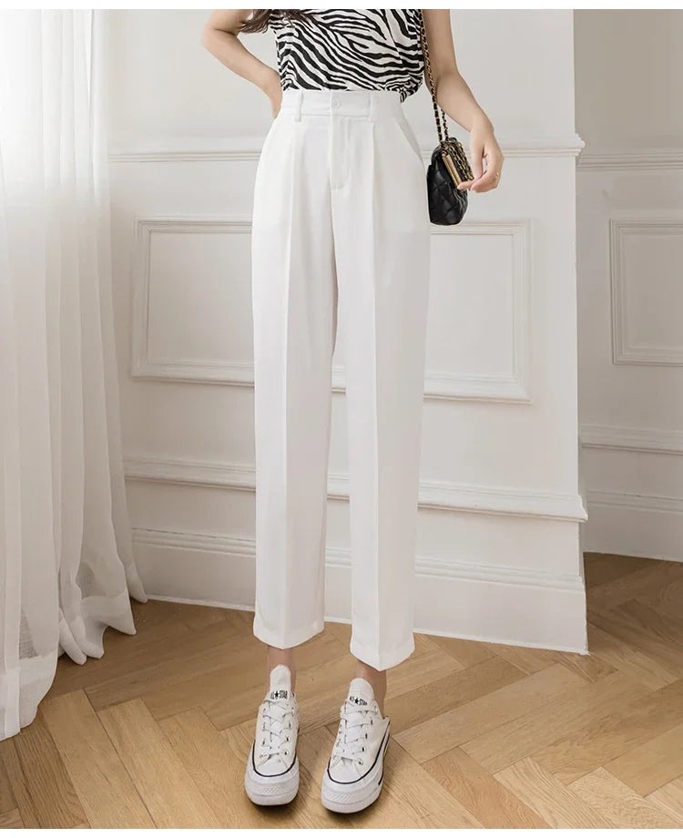 Women’s High Waist Suit Pants | Summer Black Harem Business Pants | Korean Style Pocket Thin Nine-Point Trousers