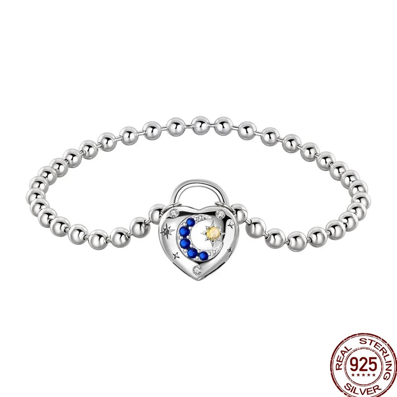 925 Sterling Silver Heart Moon Sun Clasp Charm Bracelet | 17–20CM Original Bracelet for Women | Fits Pandora DIY Beads Jewelry