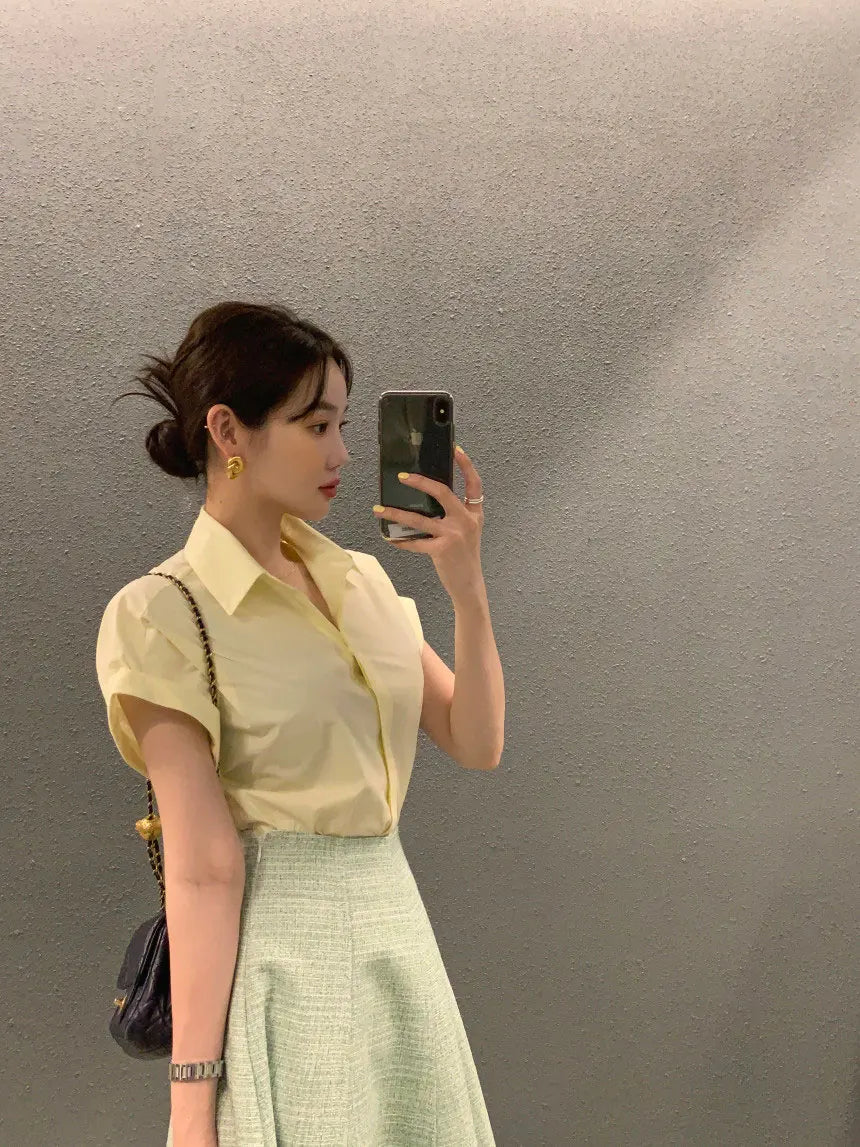 Chic Summer Loose Women’s Shirt | Classic Pure Color Professional Blouse with Small Lapel Collar