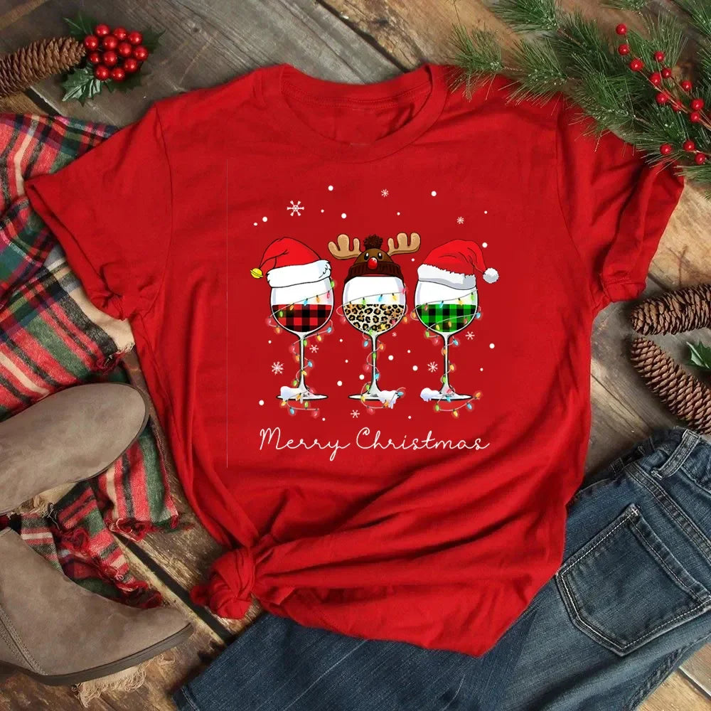 Women’s Christmas Wine Glass T-Shirt | Funny Holiday Black Tee Xmas Gift Top 2025