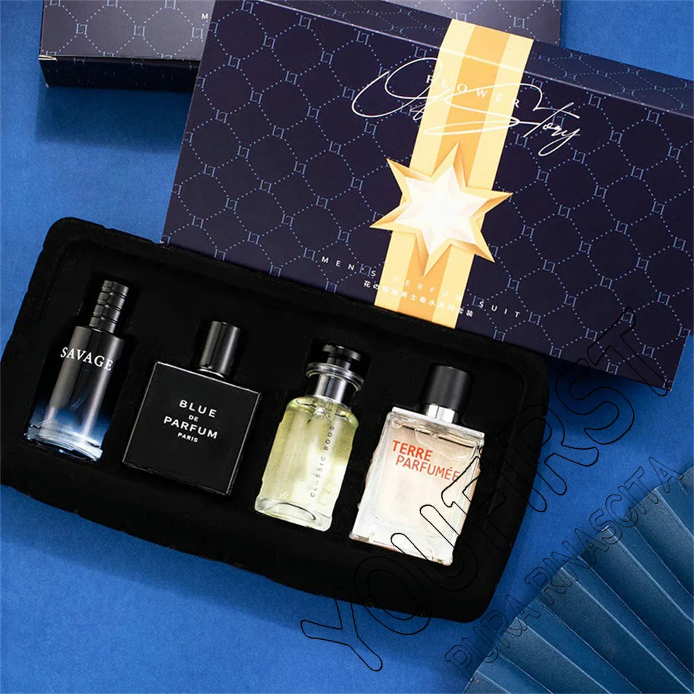 Luxury Brand Men’s Perfume Set – 4PCS Gift Box | 100ML Cologne Parfums Homme with Natural Floral & Fruity Masculine Scents