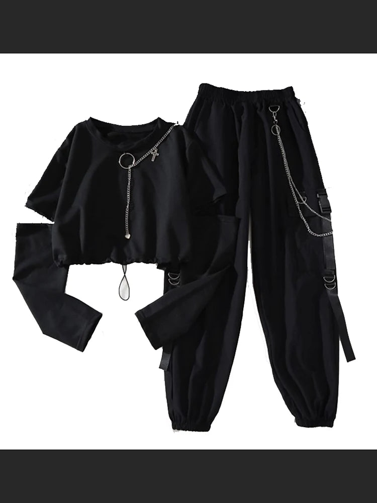 Spring Autumn Women’s Harajuku Cargo Two-Piece Suit – Cool Chain Ribbon Long Sleeve Top & Pants 🖤✨
