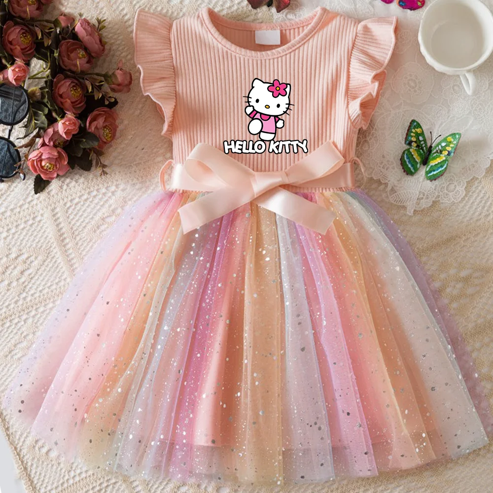 ✨ Hello Kitty Girls Sequins Dress 🎀 Rainbow Tulle Princess Dress 🌈 Toddler Birthday Party Outfit 👧 Ages 1–5 Years