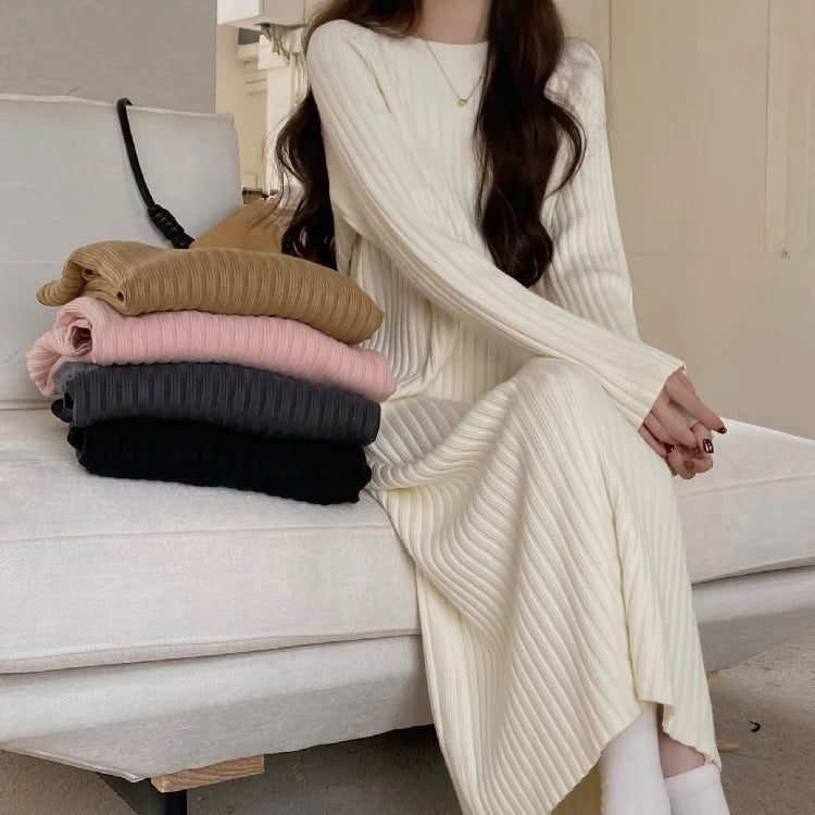 Plus Size Women’s Mid-Length Dress – Casual Round Neck Long Sleeve A-Line H-Line Skirt for Autumn Winter