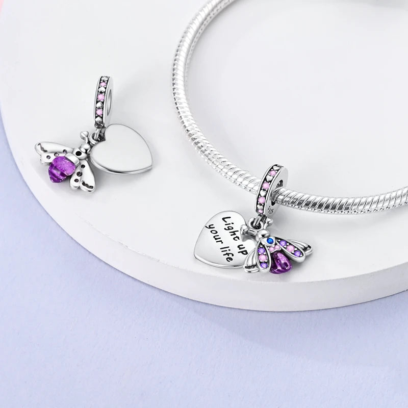 2025 Hot Sale 925 Sterling Silver Pink Butterfly Luminous Firefly Charm | Dangle Bead Fit Bracelet Necklace DIY Jewelry