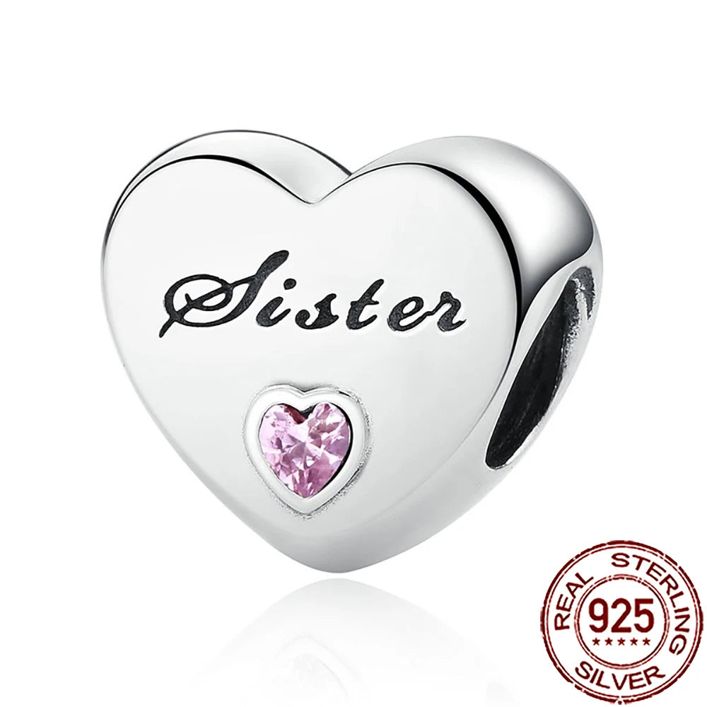 2025 New 925 Sterling Silver Heart Charm Sister Mother Daughter Beads Fit Pandora Bracelet