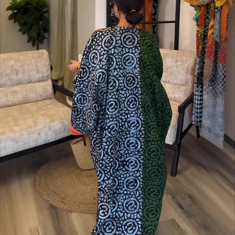 Elegant V-Neck Loose Maxi Dress for Women | 2025 Spring Summer Holiday Dress | Casual Patchwork Printed Dress