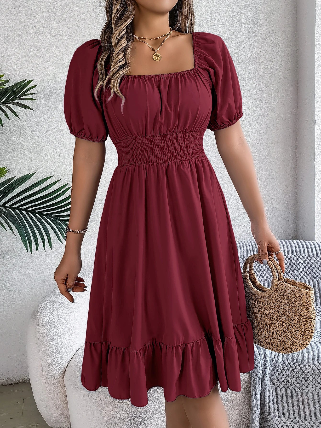 2026 Women’s Elegant High-Waisted Dress – Square Neck, Short Sleeve, Ruffled Edge Long Dress | Spring Summer Valentine’s Day