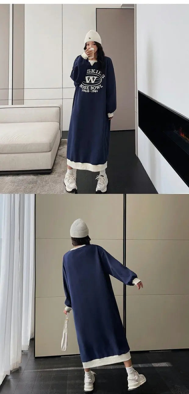 Plus Size Korean Style Loose Casual Sweatshirt Dress – A-Line Skirt, Long Sleeve Mid-Length | Weight Loss Friendly