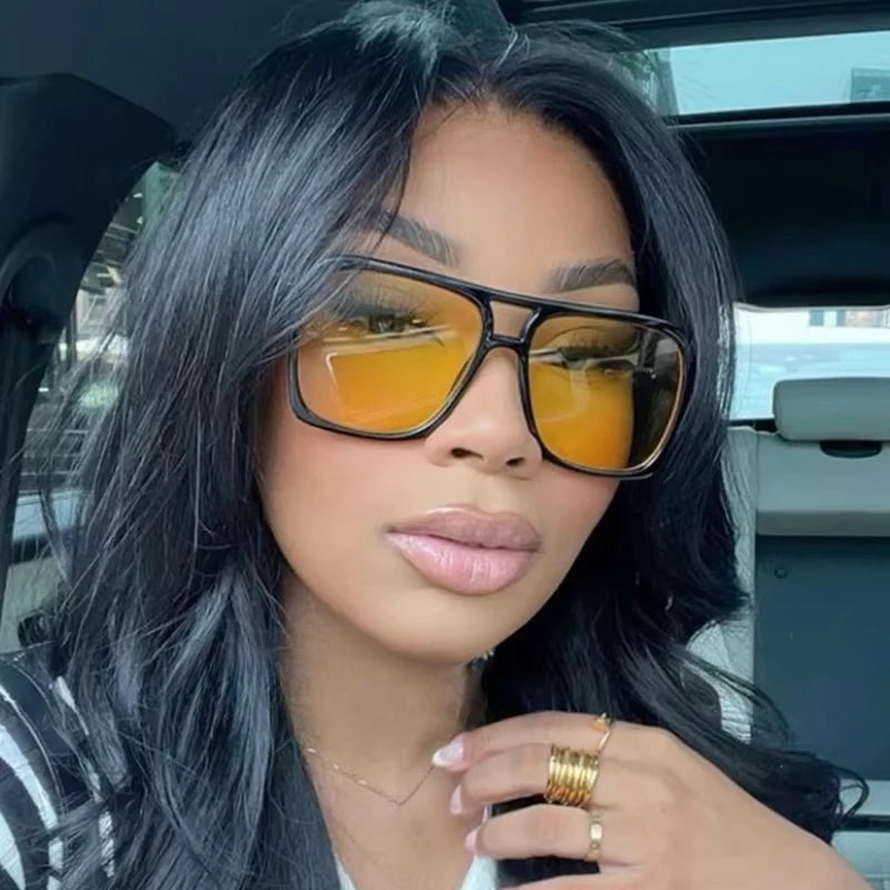 Vintage Double Bridge Yellow Sunglasses for Women – Oversized Square Luxury Shades | Female Pilot Style Eyewear