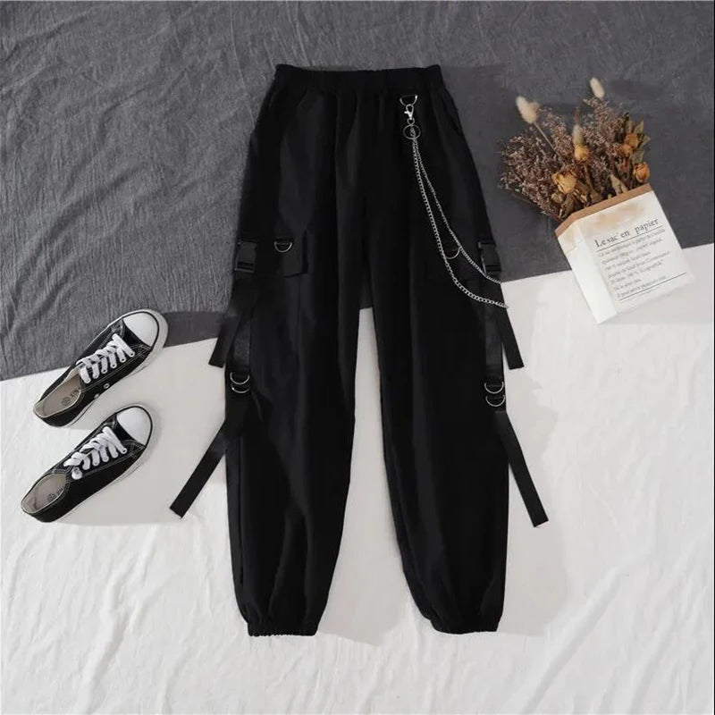 Spring Autumn Women’s Harajuku Cargo Two-Piece Suit – Cool Chain Ribbon Long Sleeve Top & Pants 🖤✨