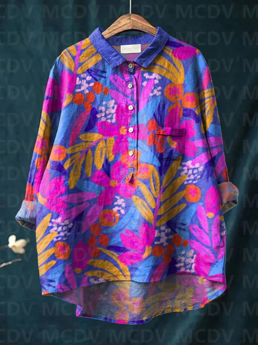 Women’s Cat Print Casual Long Sleeve Shirt – Stand-Up Collar Vintage Indian Ethnic Style Top