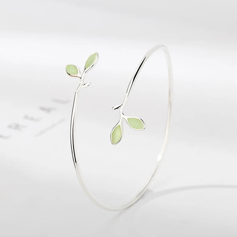 925 Sterling Silver Green Leaf Bracelet | Elegant Nature-Inspired Bangle for Women Girls Fashion Jewelry Gift
