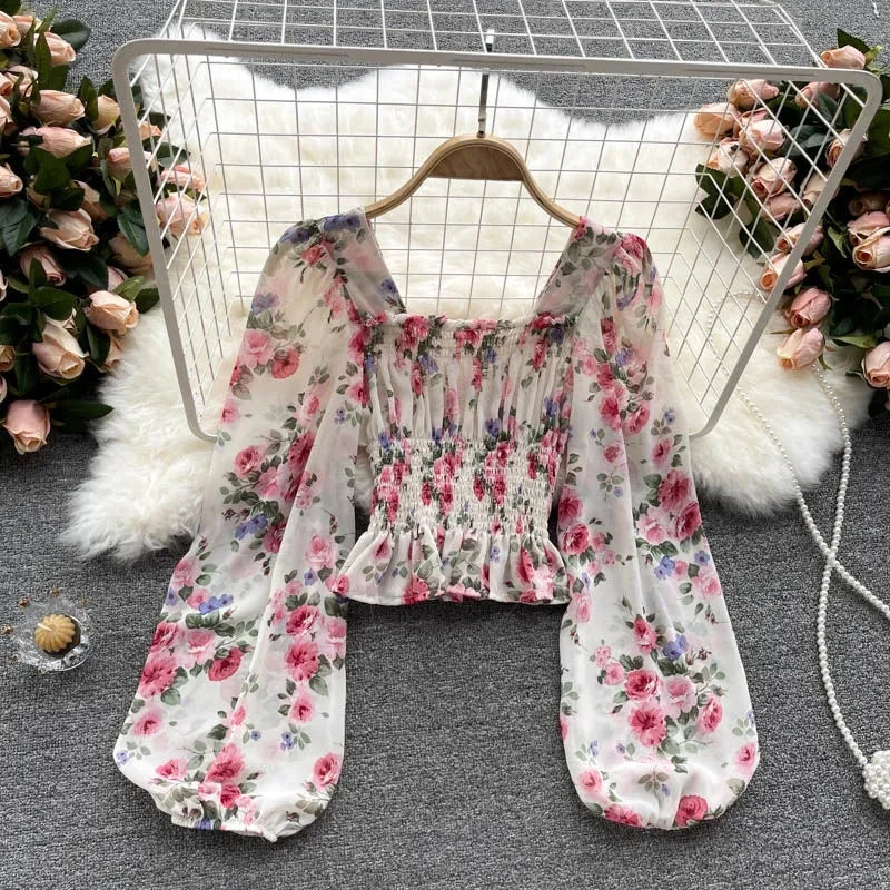 Pink Floral Chiffon Blouse for Women – Square Collar Lantern Sleeve Korean Summer Top 2024 🌸👚