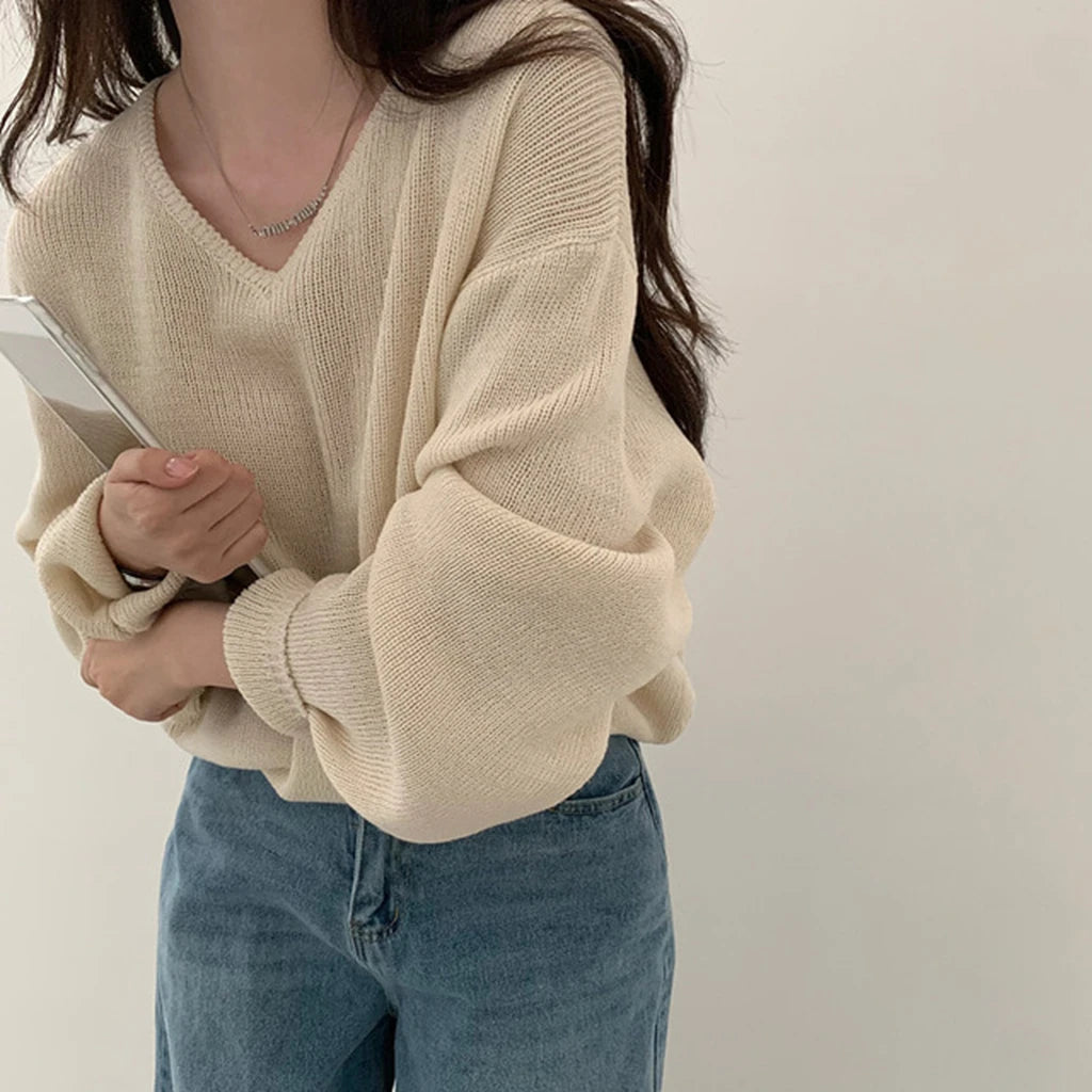 Loose Women’s Knitwear V-Neck Long Sleeve T-Shirt – Casual Comfortable Fashionable Autumn Top New Arrival