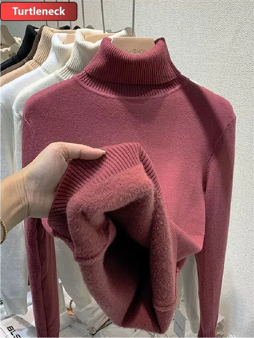 Women Winter Thicken Turtleneck Sweater – Slim Knit Plush Velvet Lined Warm Pullover Jumper