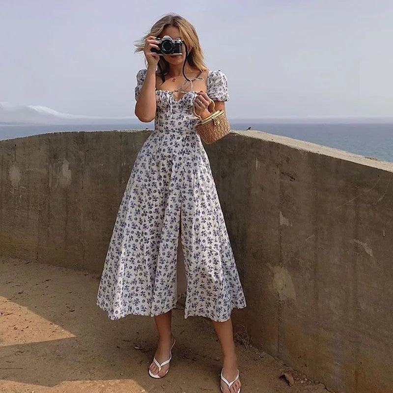 Y2K Vintage Blue Floral Dress – Women’s Elegant Summer Party Puff Sleeve Split Long Dress | Sexy Aesthetic 2024