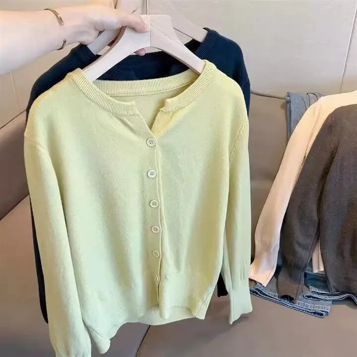 Soft Woolen Knitted Cardigan for Women – Loose Fit V-Neck Korean Style Sweater Jacket, Spring 2024 Outerwear