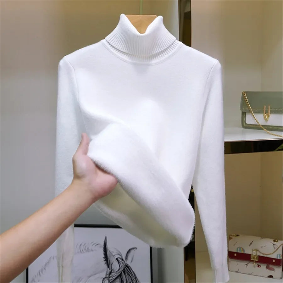 Women Winter Thicken Turtleneck Sweater – Slim Knit Plush Velvet Lined Warm Pullover Jumper
