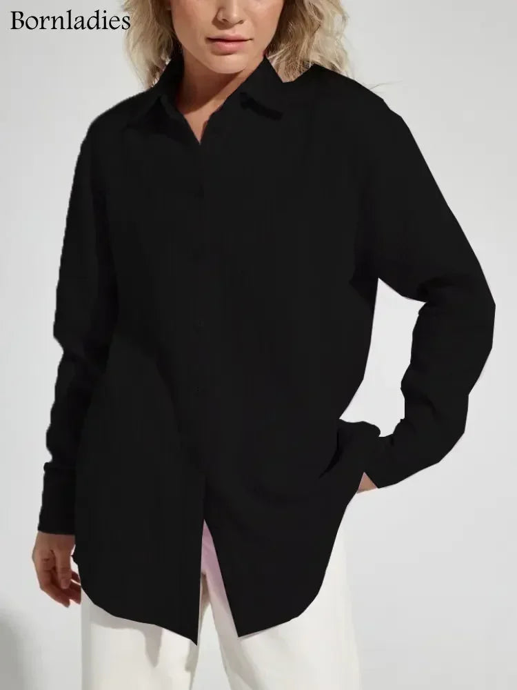 Bornladies 2025 Women’s Cotton Shirt – Solid Long Sleeve Loose Office Top 👚☀️