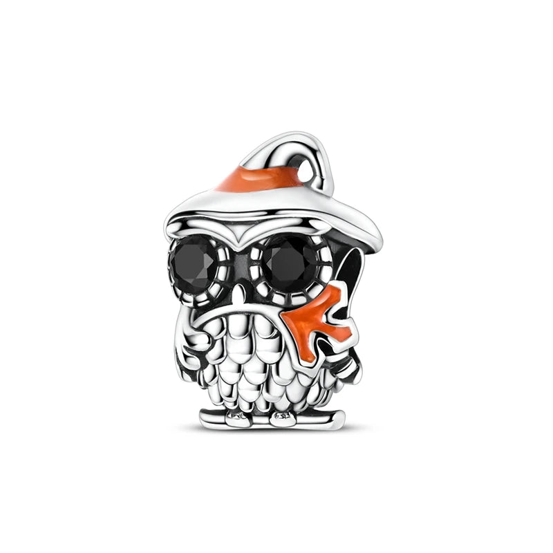 Halloween 925 Sterling Silver Charms | Pumpkin Skeleton Witch Bat Beads for Bracelet DIY Jewelry