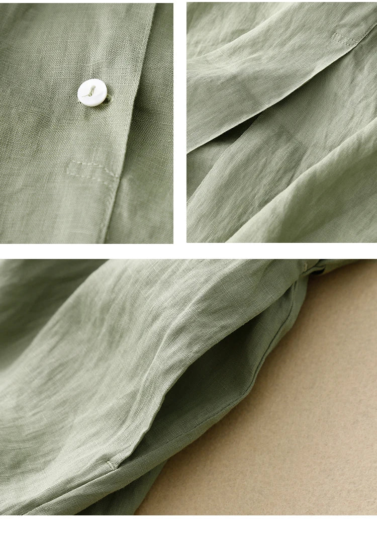 Pure Linen Shirt Dress – Women's Summer Lightweight Breathable Long Dress, Loose Plus Size with Slimming Belt