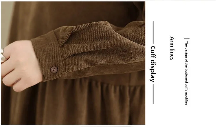 Corduroy Long Sleeve Doll Collar Dress 👗 Autumn Winter Loose A-Line Casual Midi Dress 🍂 Simple Chic Commute Dress