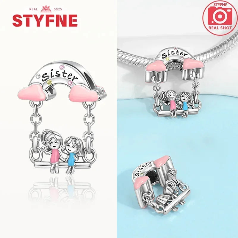 925 Sterling Silver Forever Sister Butterfly Charm | Colorful Bead Fit Pandora Bracelet | Women’s Jewelry Gift