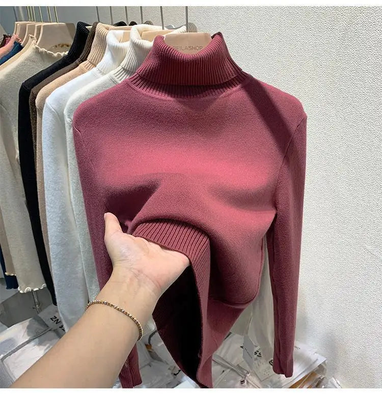 2025 Women’s High Collar Pullover Sweater – Thick Warm Soft Winter Top | Solid Color Bottoming Shirt