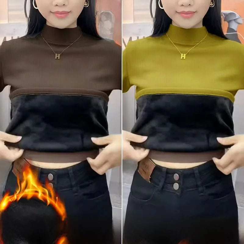 ❄️ Thiened Fleece Warm Long Sleeve Innerwear 👚 Slim Fit Mid-Neck Women's Base T-Shirt 🌸 Autumn Winter Two-Piece Set