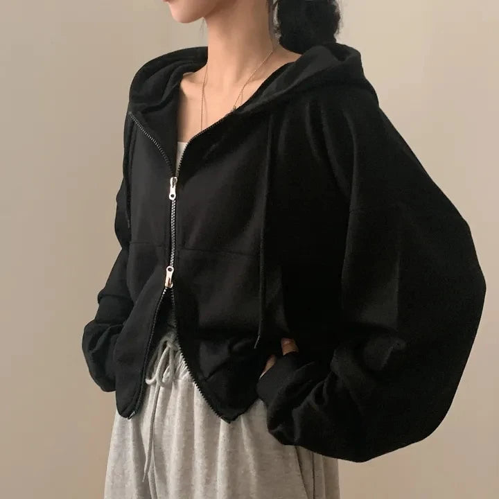 Chic Early Autumn Casual Long Sleeve Hoodie – Double Zipper Loose Versatile Cotton Pullover | Pure Color Commute Wear