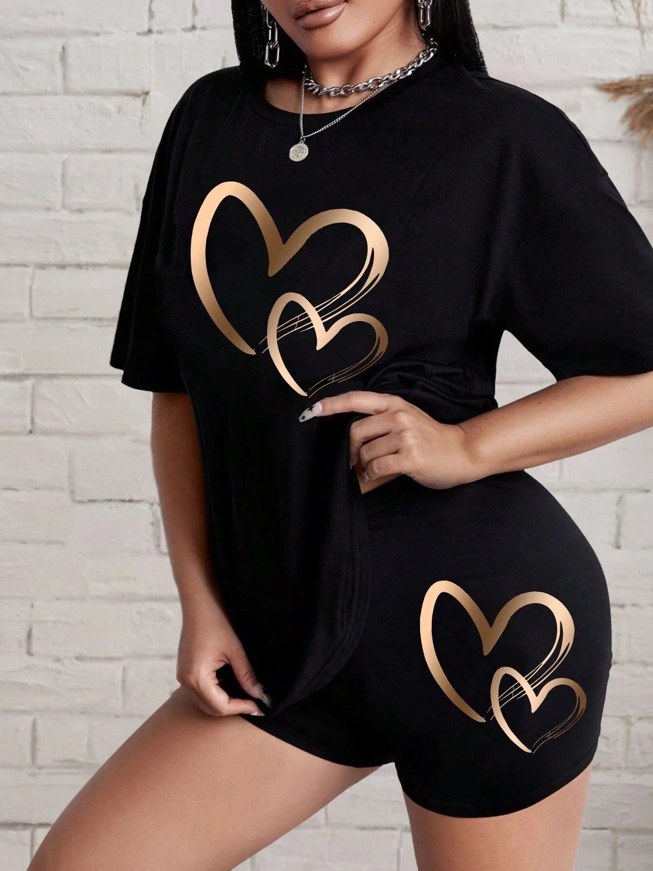 Women’s Love Pattern Cotton Two-Piece Set – Hip Hop Summer T-Shirt & Shorts Soft Breathable 👕💖