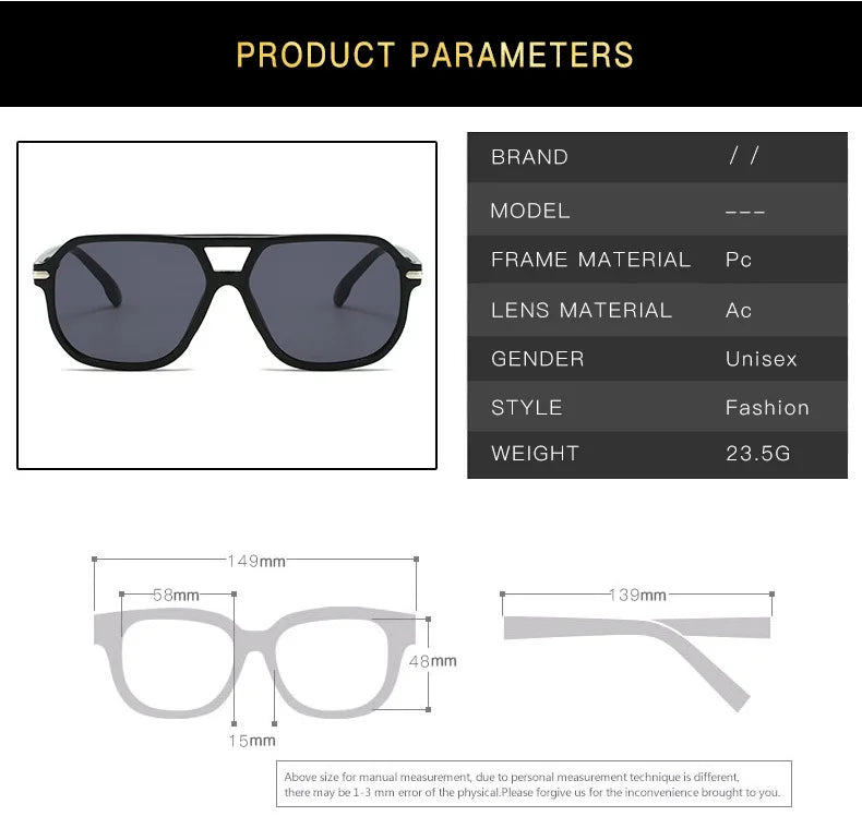 Retro Big Frame Square Sunglasses – Women & Men Double Beam One-Piece Designer Pilot Sun Glasses | Black Circular Cool Shades