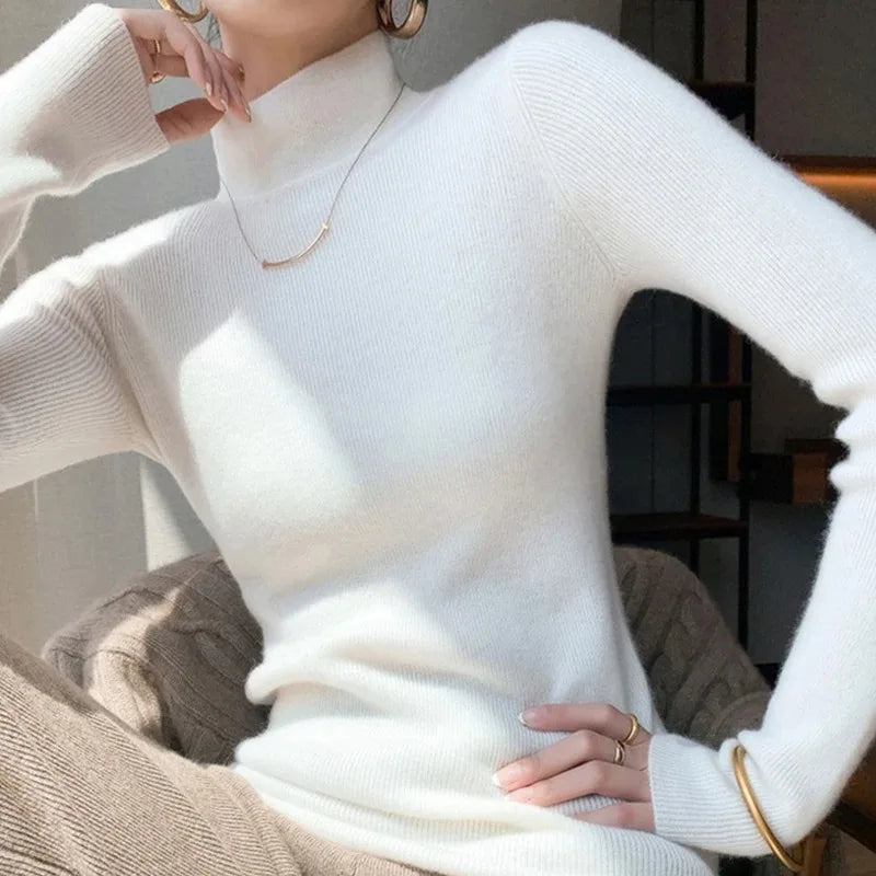 2025 Women’s Slim Fit Turtleneck Sweater – Long Sleeve Solid Color Knitted Pullover for Autumn Winter