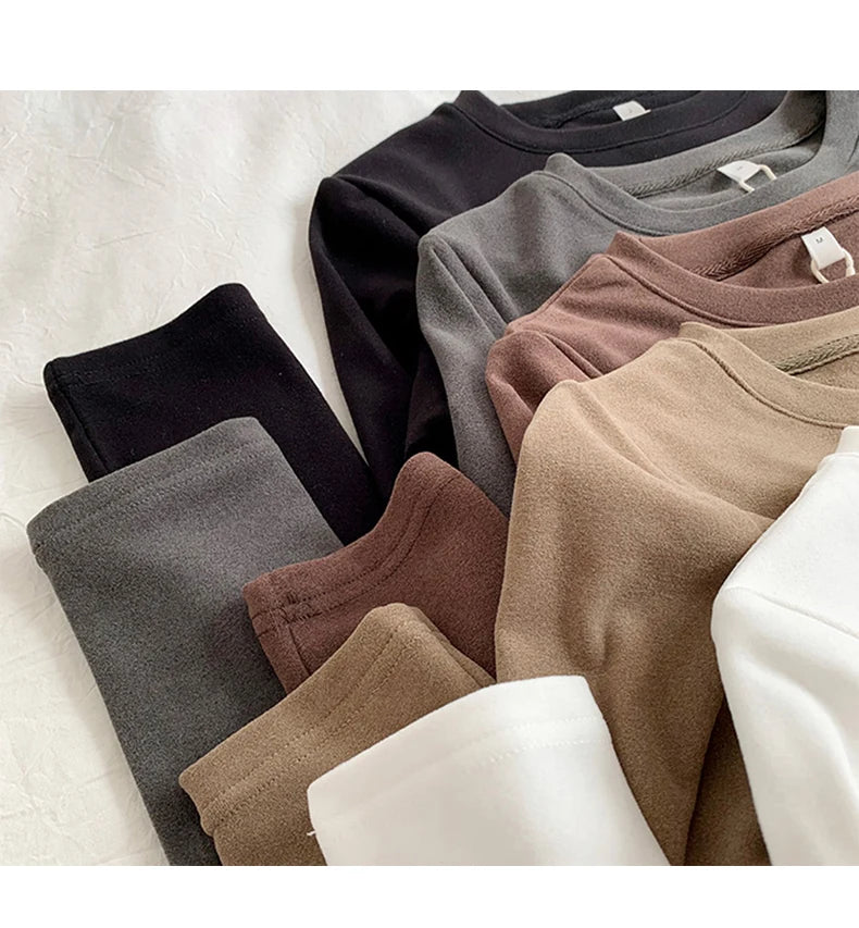 Women's Thermal Long Sleeve T-Shirt | Fleece-Lined Round Neck Top | Autumn Winter Fashionable Inner Wear