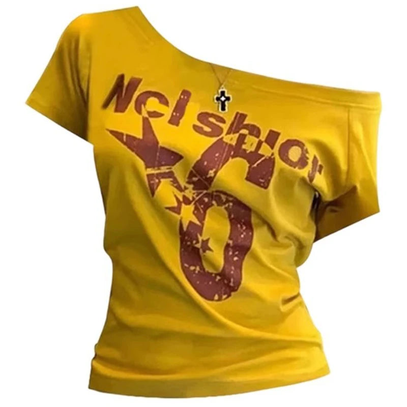 Y2K Sport Summer Off Shoulder Top for Women – Sexy Vintage 2000s Crop T-Shirt Short Sleeve Casual Body Fit Top
