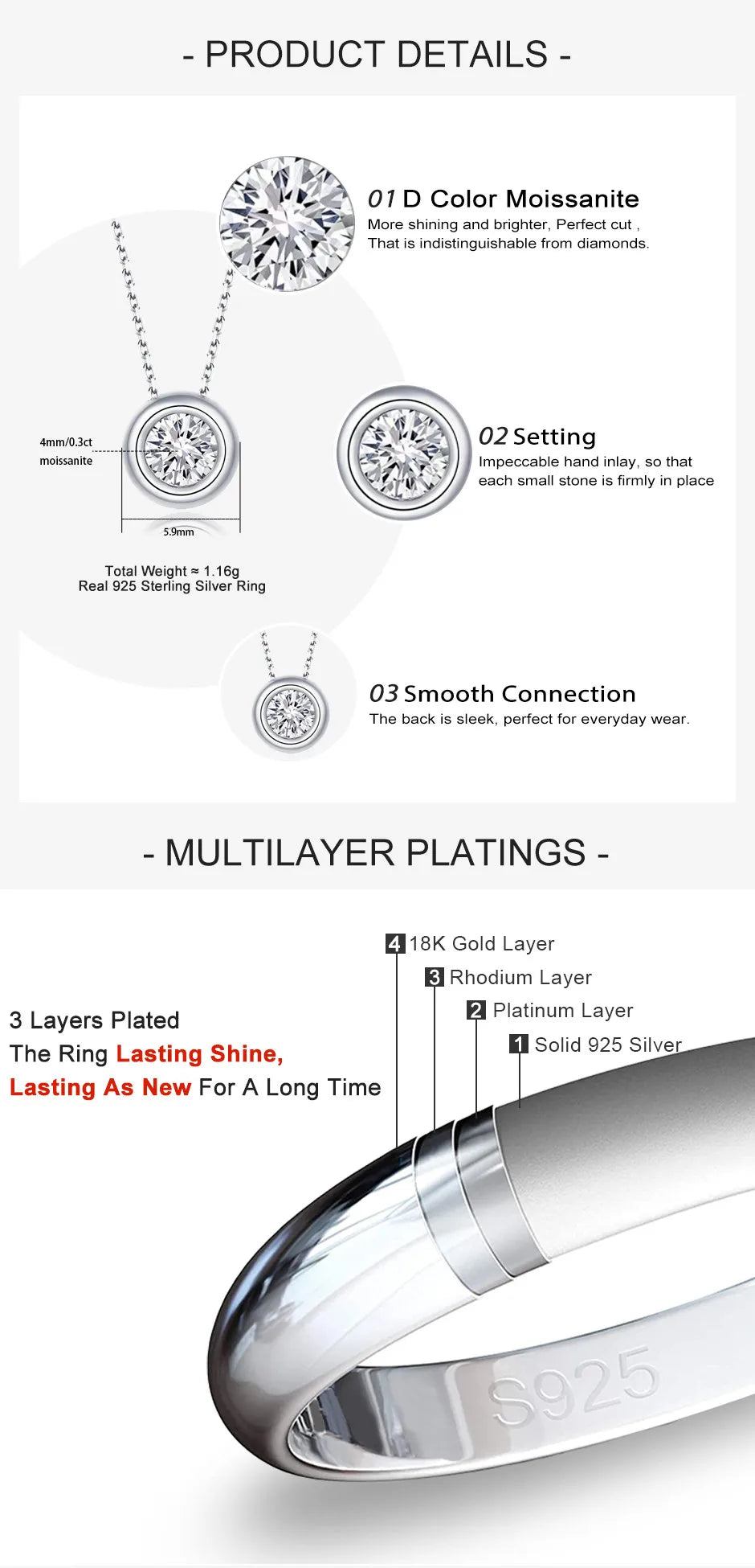 AnuJewel 4mm 0.3ct D Color Moissanite Necklace – 18K Gold Plated 925 Sterling Silver Pendant for Women