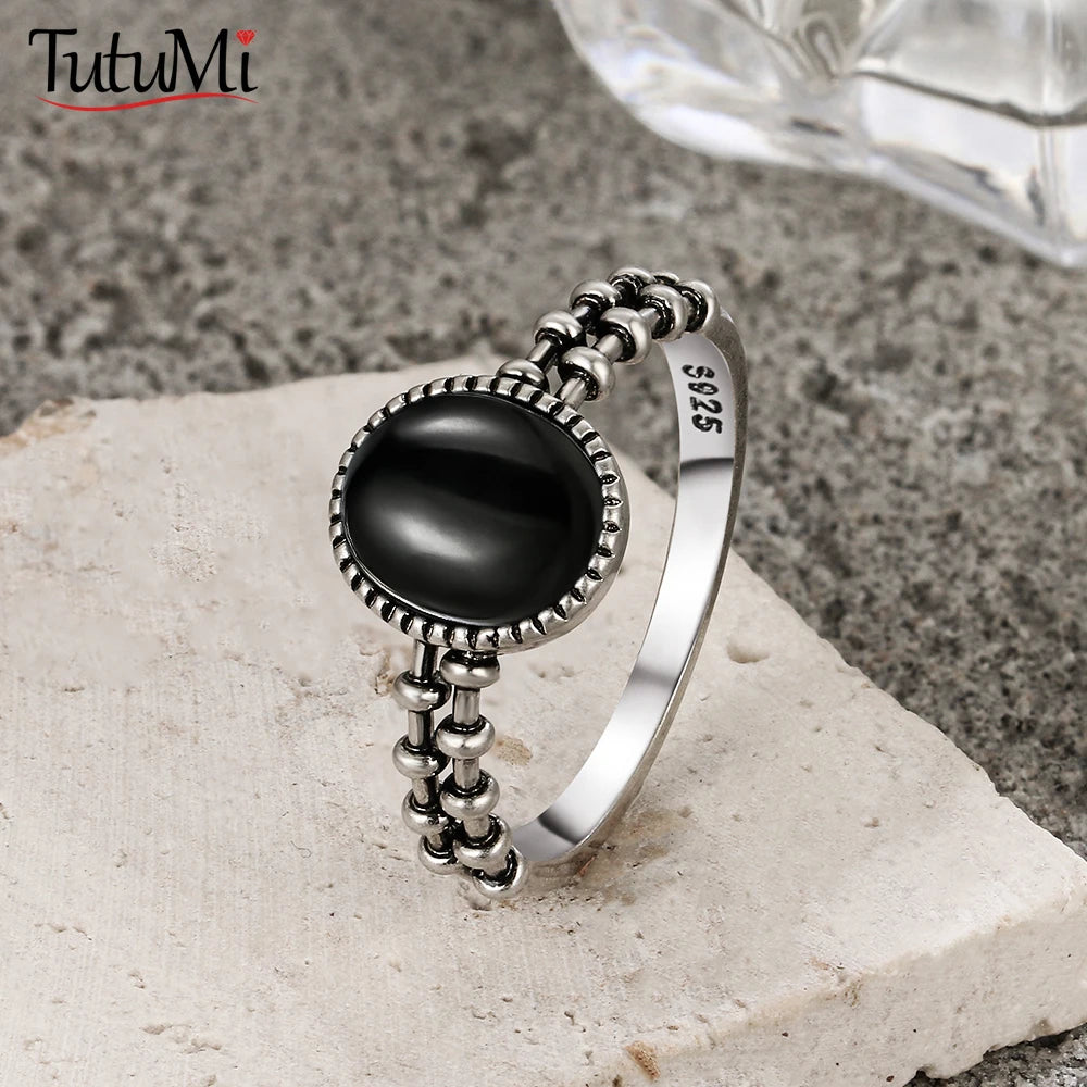 S925 Sterling Silver Gear Chain Ring with Black Onyx – Vintage Punk Style Unisex Jewelry Gift for Men & Women
