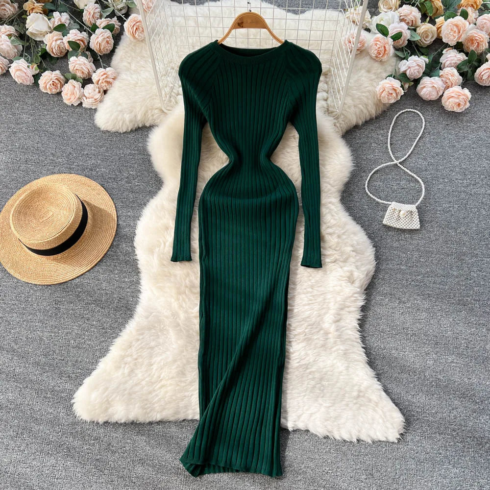 SINGREINY Winter Women’s Knit Maxi Dress – Slim Solid O-Neck Long Sleeve Pencil Sweater Dress | Autumn Harajuku Fashion