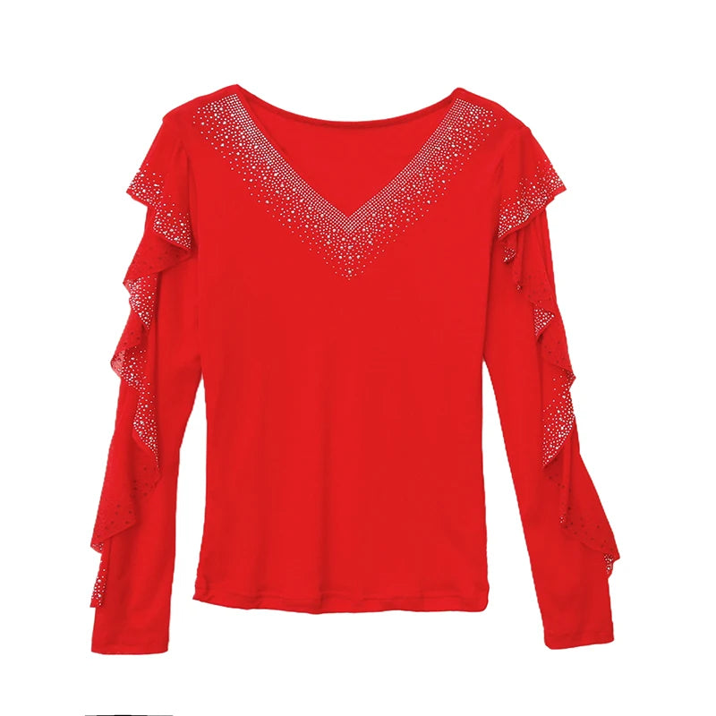 2025 Autumn Women’s Mesh Top – Korean Round Neck Ruffles & Diamond Detail Long Sleeve T-Shirt 🍂✨