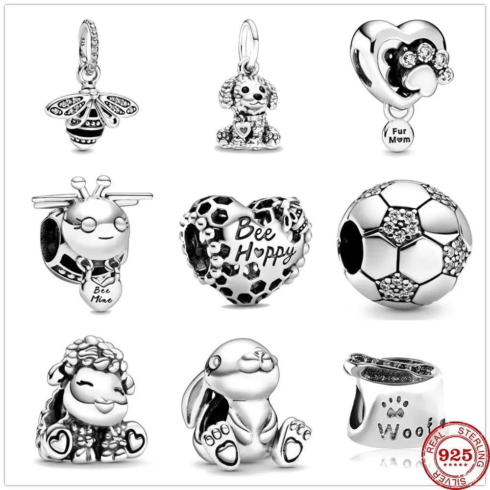 New 925 Silver Sparkling Paw Print & Heart Bee Happy Charm Bead | Fit Pandora Bracelet DIY Women Jewelry