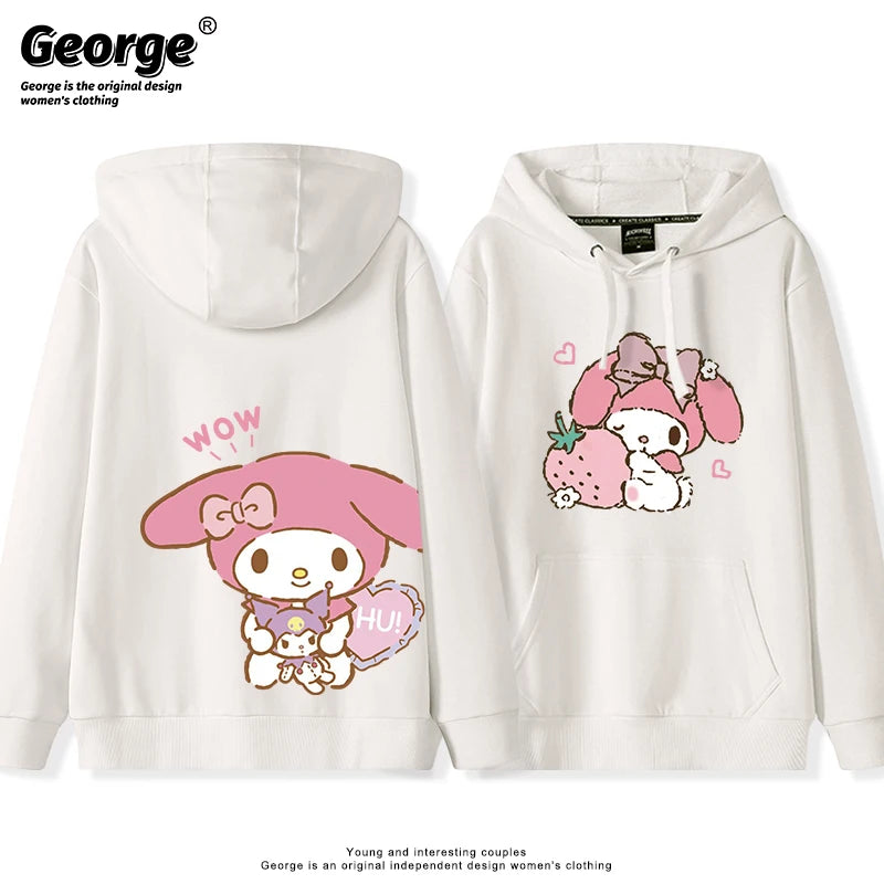 Japanese Retro My Melody Hoodie – Soft Strawberry Print Loose Casual Cute Girl Top 🍓🎀