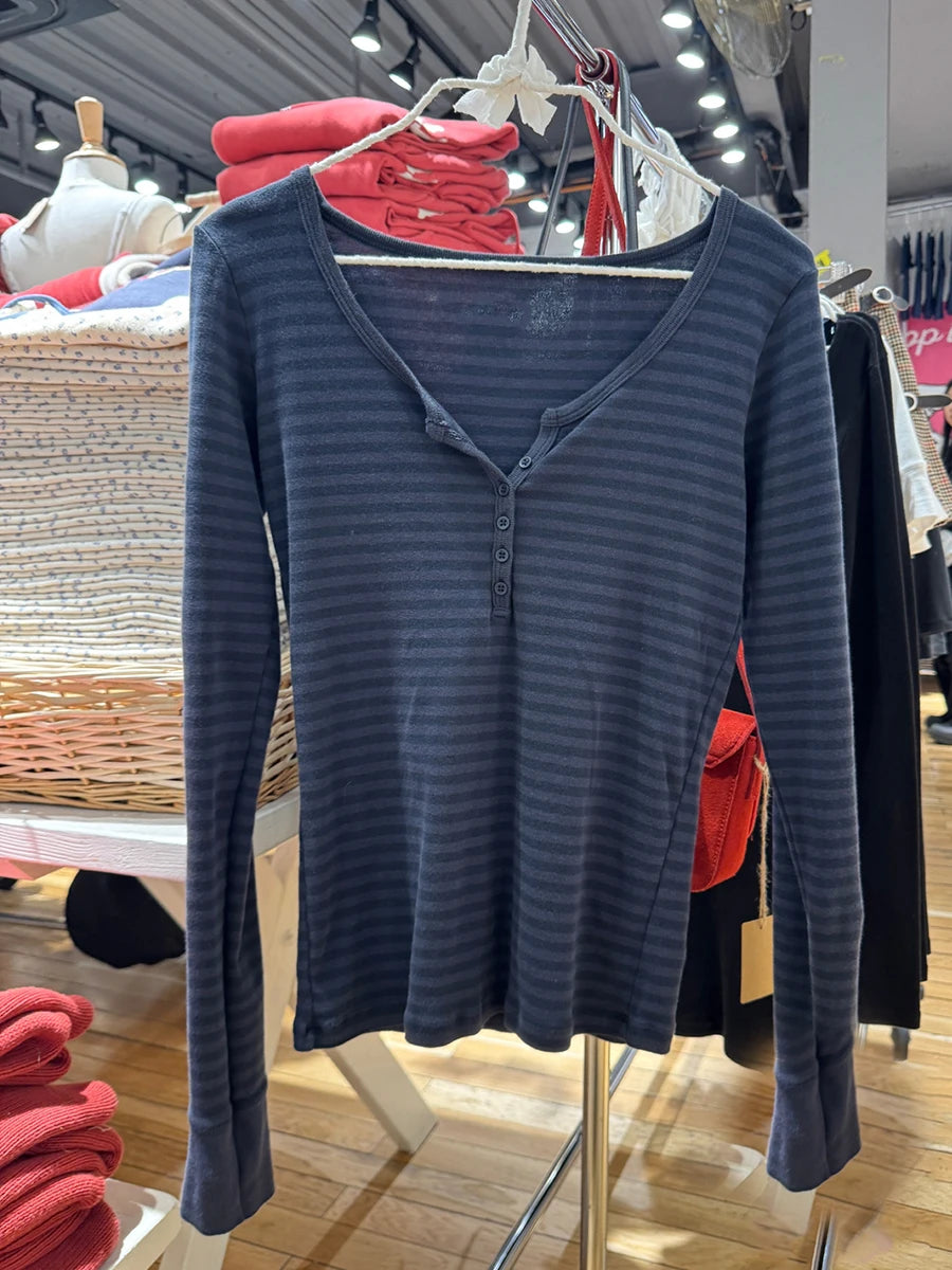 Women’s Pink Striped Slim Long Sleeve Tee | Casual Cotton O-Neck T-Shirt | Sweet Vintage Y2K Top