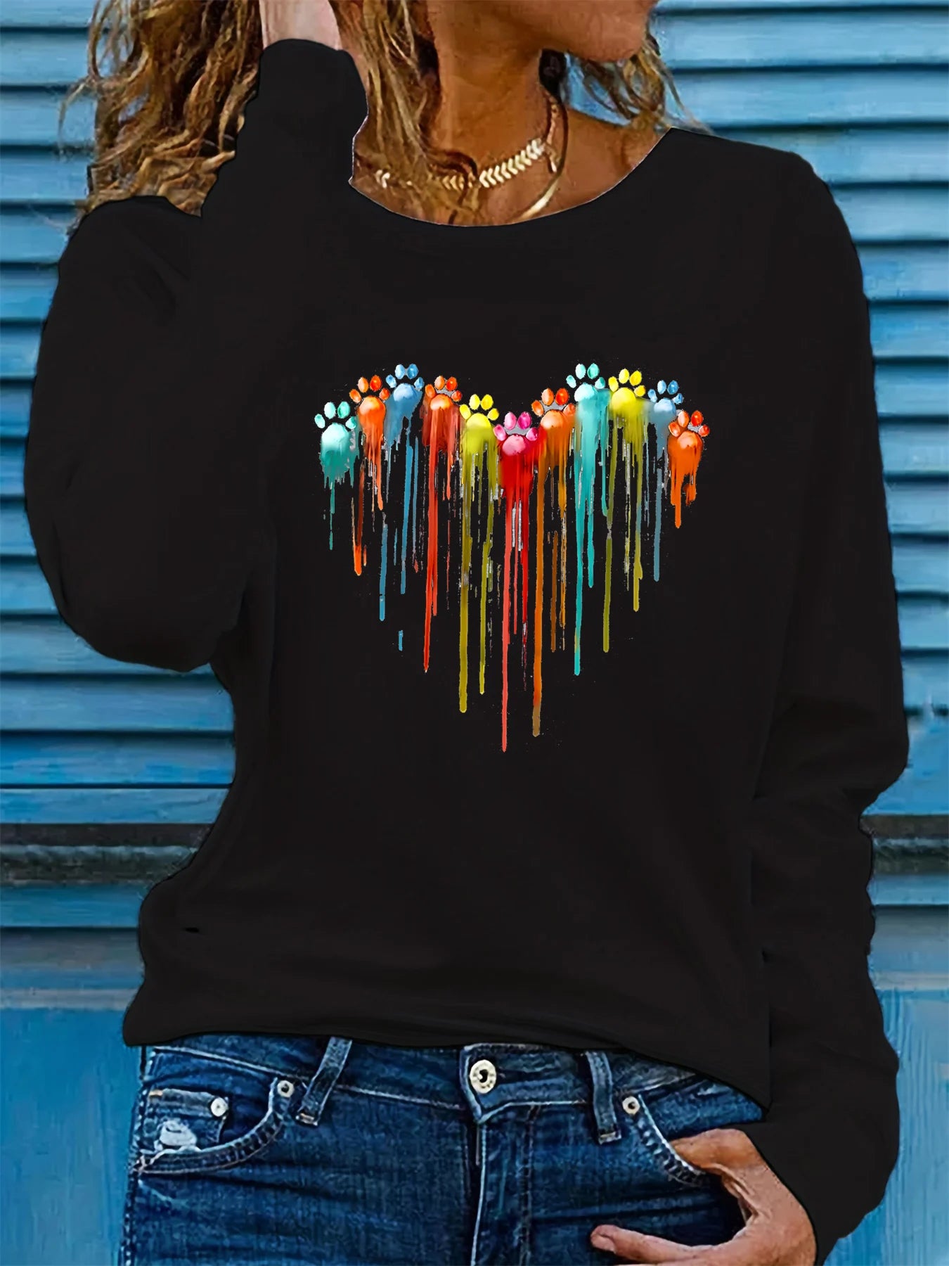 Women’s Autumn Heart Paw 3D Print Long Sleeve T-Shirt – Casual Oversized Fashion Top