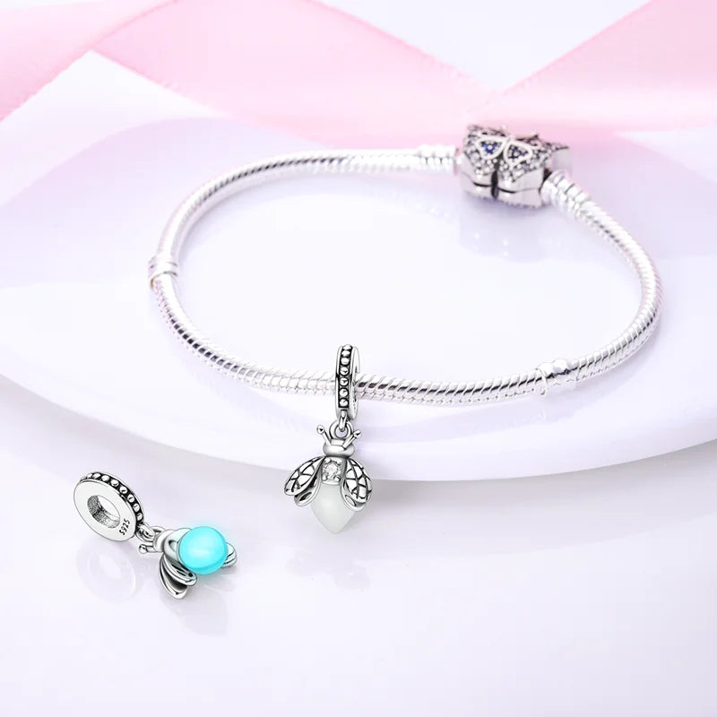 2025 Hot Sale 925 Sterling Silver Pink Butterfly Luminous Firefly Charm | Dangle Bead Fit Bracelet Necklace DIY Jewelry