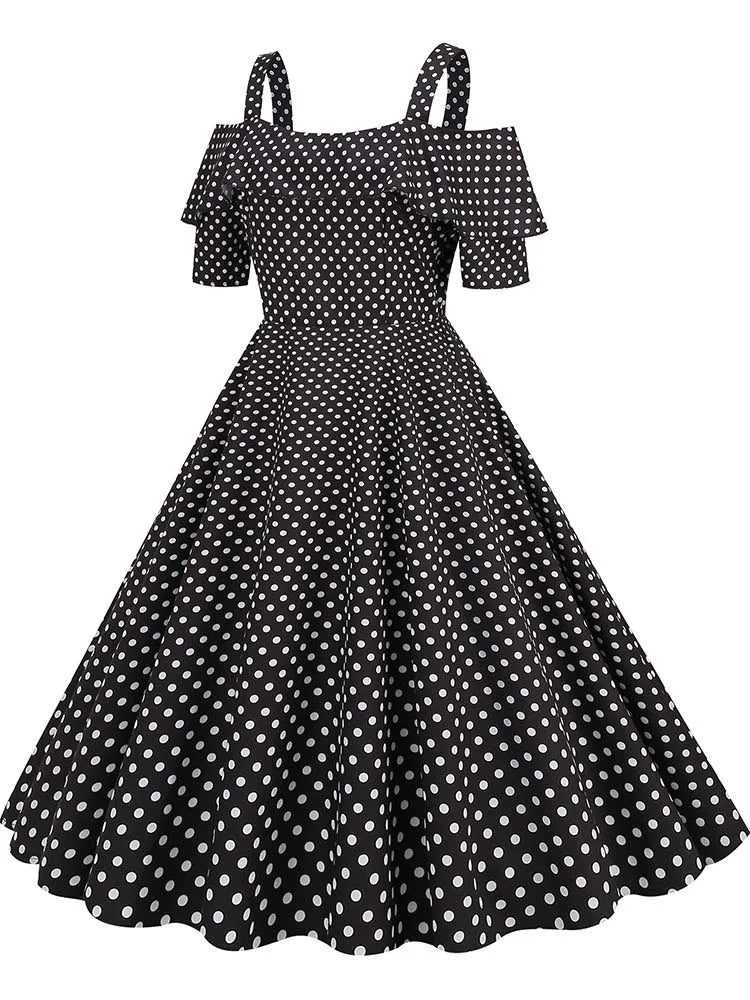 Off-Shoulder Elegant Vintage Party Dress – Women’s Summer Polka Dot Ruffles A-Line Midi Dress