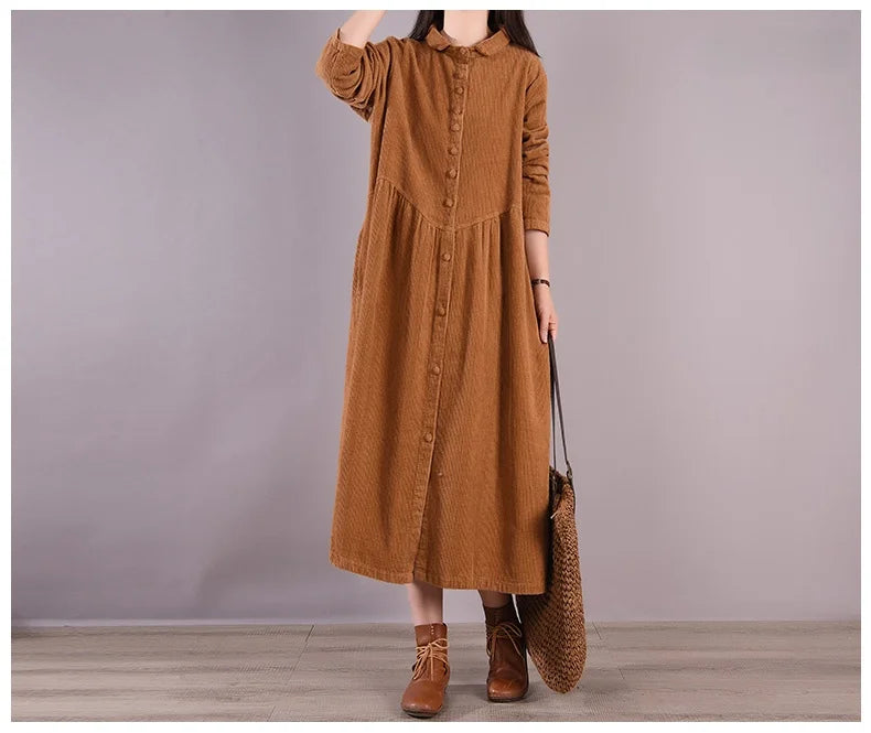 Retro Japanese Style Long Sleeve Corduroy Dress – Thick Fleece-Lined A-Line Winter Dress for Women | Solid Color