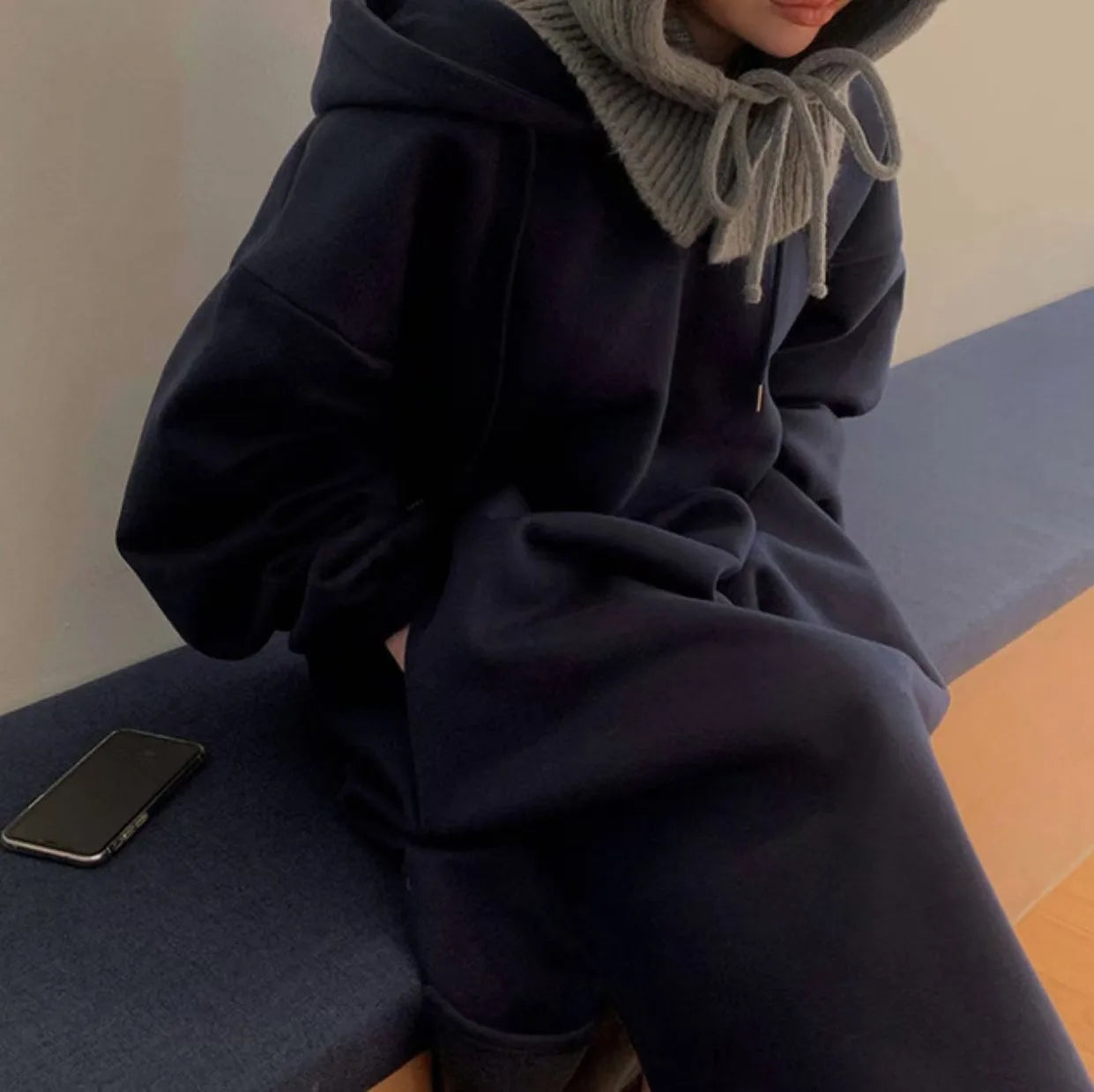 Chic Winter College Long Hoodie Dress ❄️ Lazy Fleece A-Line Side Slit Dress 👗 Pure Color Polyester Fiber 🧵