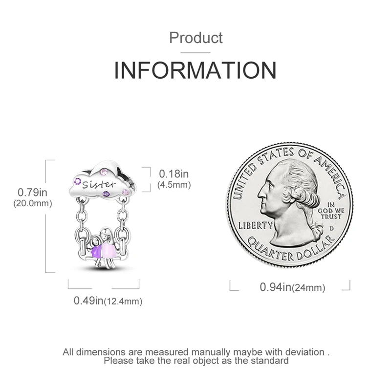 925 Sterling Silver Sisters Swing Charm – Friendship Bead Pendant Fit Pandora Bracelet & Necklace DIY Jewelry Gift