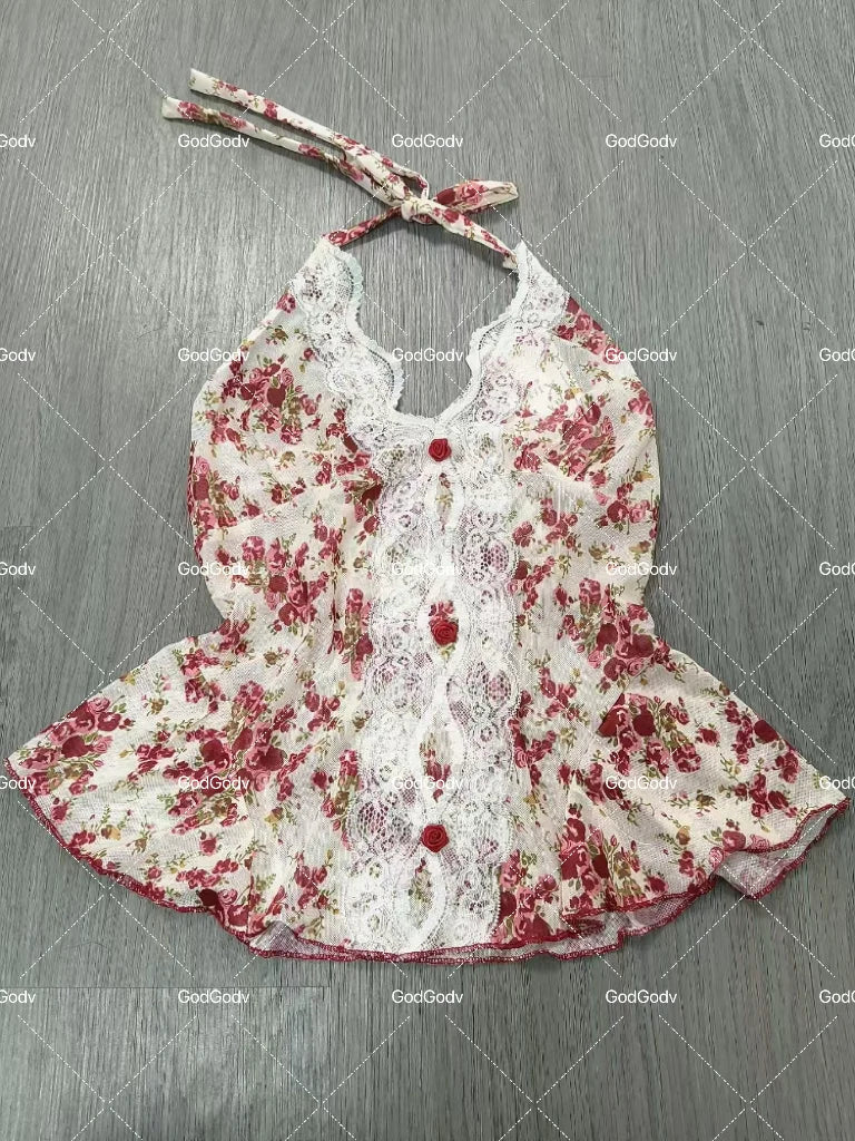 2025 Summer Women’s Floral Halter Lace Blouse – Vintage Sexy Slim Fit Korean Fashion Top